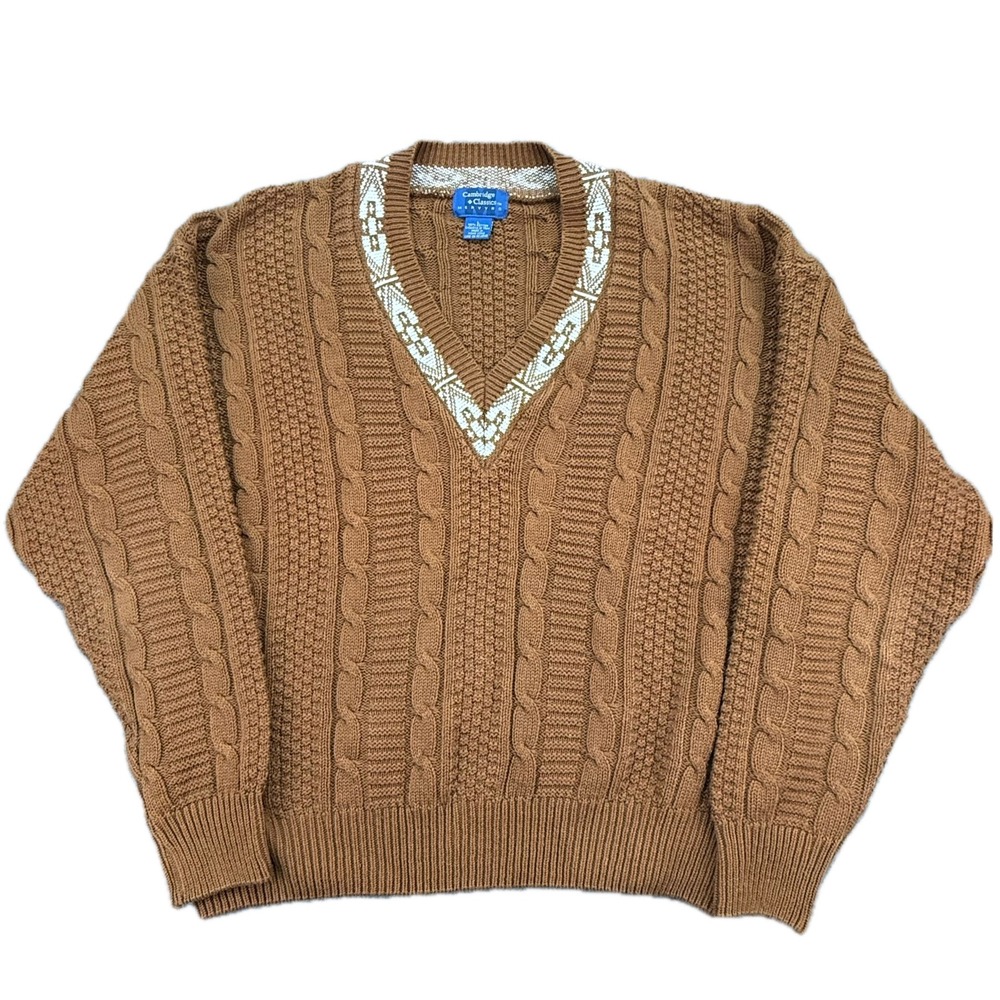 Cambridge Classics Sweater‎ Mens L Brown V-Neck Cable Knit Cotton Geometric Trim